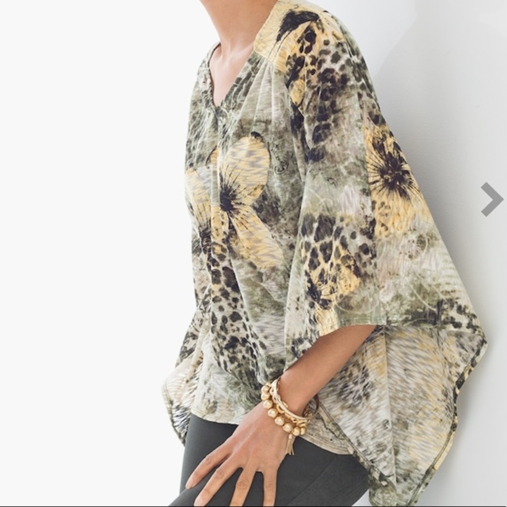 Chico's Floral & Animal Print V-Neck Poncho Top in Olive, Yellow, Black